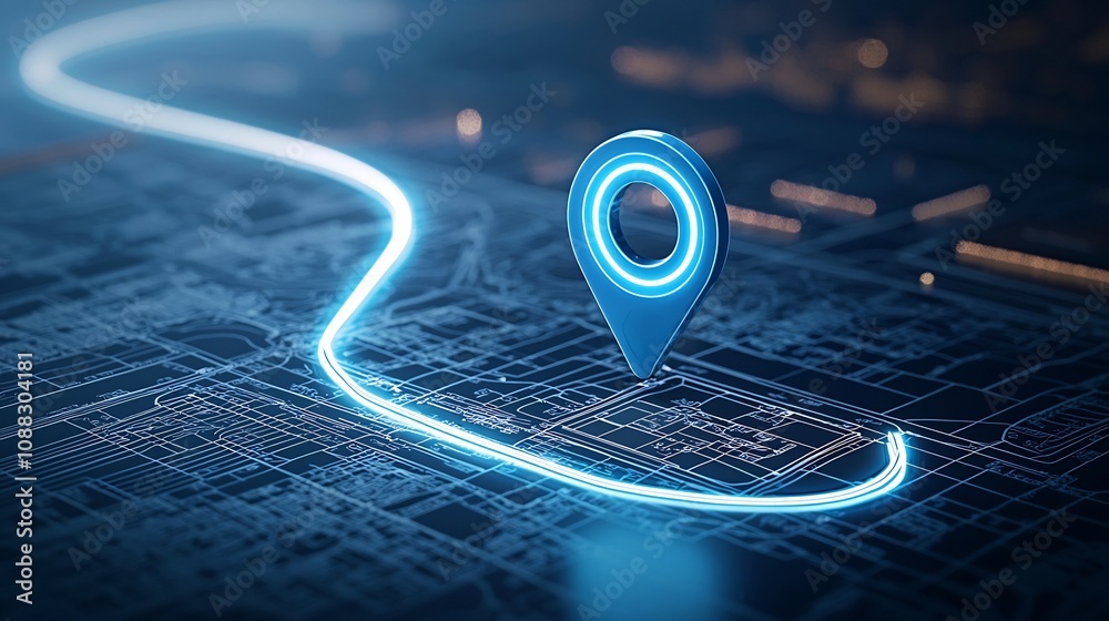 Aufkleber Futuristic blue map marker with a glowing neon light trail representing advanced navigation technology and route tracking on a deep blue backdrop  Symbolizing modern guidance direction