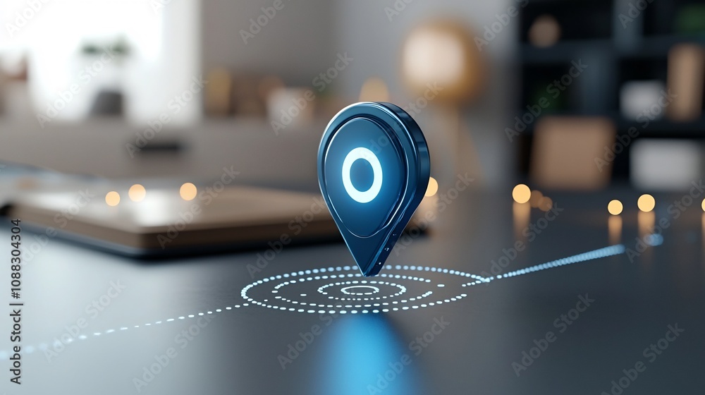 Aufkleber Futuristic blue digital location marker with a dotted line path representing navigation and pinpointing accuracy in a digital space or virtual environment