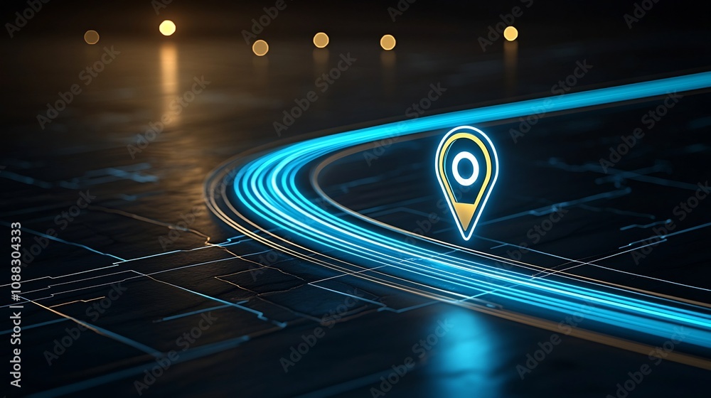Aufkleber Elegant blue light trail leading to a bright location pin symbolizing modern technology and seamless GPS navigation on a dark backdrop  This abstract digital image conveys a sense of futuristic