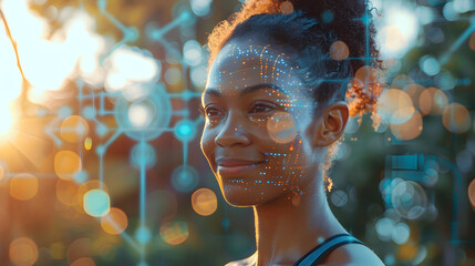 Black woman, fitness and exercise while outdoor with a smile after running with a digital hologram, overlay or double exposure cardiovascular health. Athlete with futuristic ai tech