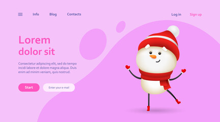 Smiling snowman wearing red knit hat and scarf. Winter, New Year, celebration. Landing page template. Christmas concept. Vector illustration can be used for topics like holiday, season, childhood