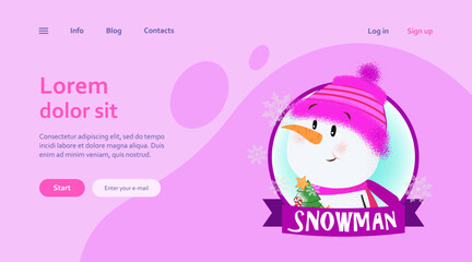 Christmas landing page design with cartoon snowman. Drawing of snowman in bright pink knitted hat on bright purple background. Can be used for postcards, greeting cards, leaflets