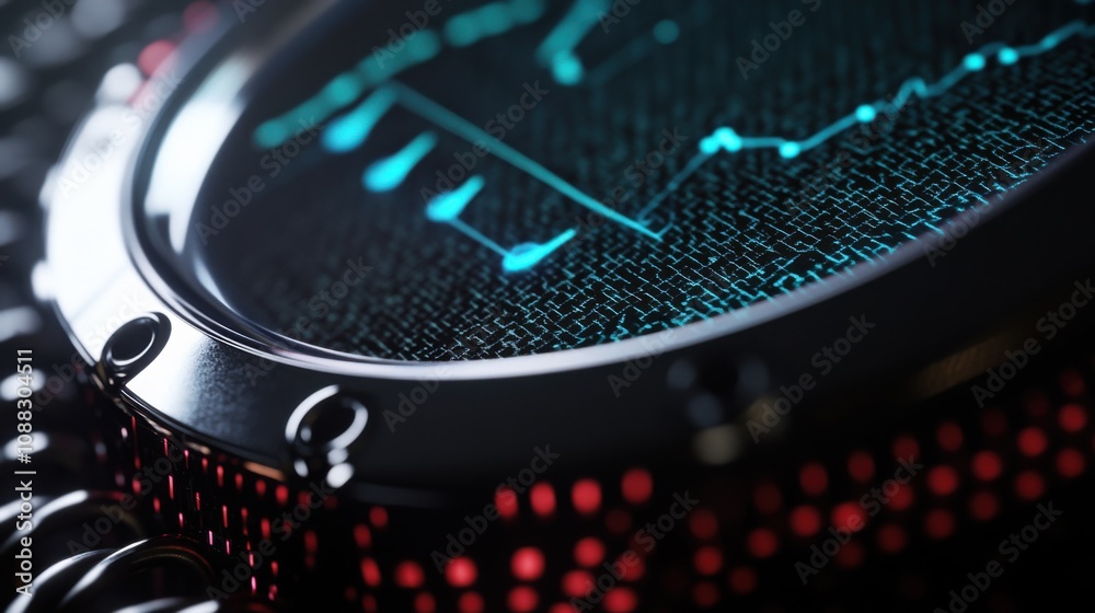 Poster an extreme close-up of a wearable health monitor's biosensor array measuring vital signs and biometr