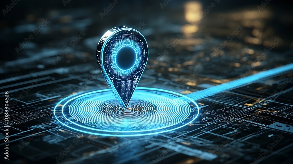 Aufkleber vibrant digital blue location pin with glowing trail in futuristic style representing the concept of