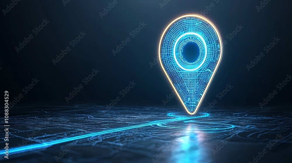 Poster vibrant digital blue location pin with glowing trail in futuristic style representing the concept of