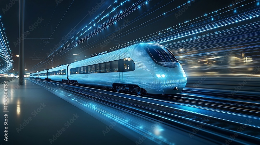 Leinwandbilder futuristic high speed blue train glowing with digital light trails representing cutting edge transpo