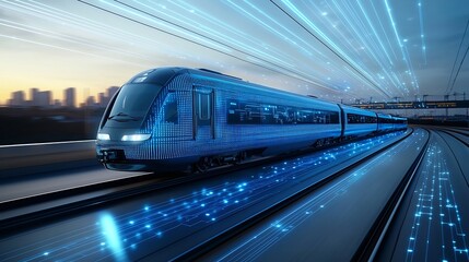 Futuristic high speed train glowing in blue digital light trails symbolizing advanced technology and the future of modern transportation  The sleek streamlined vehicle is surrounded by a dynamic