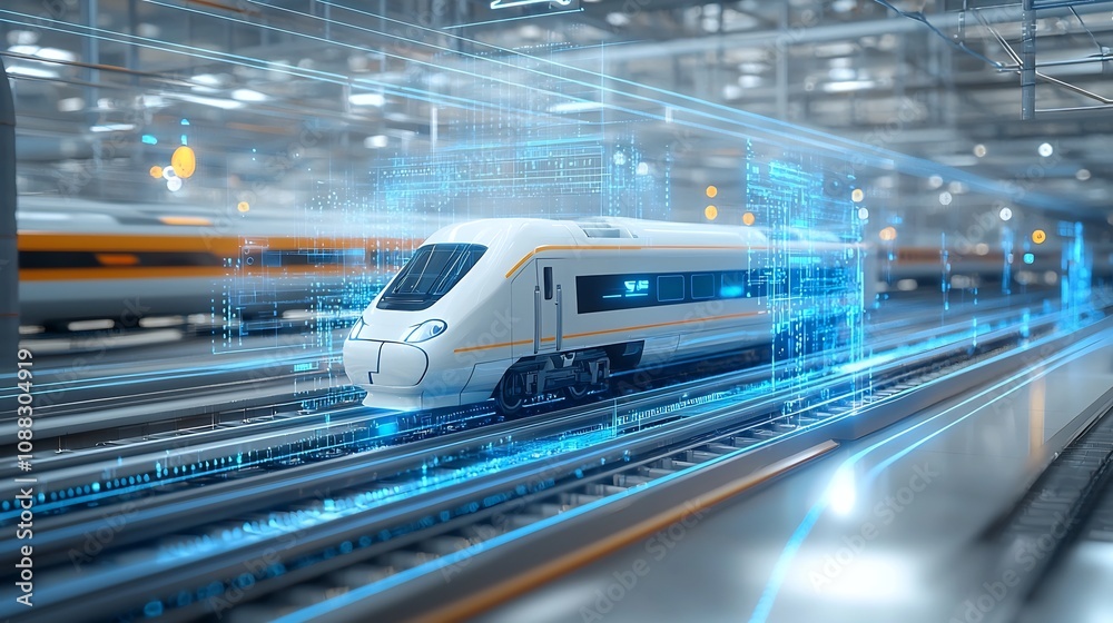 Poster High tech bullet train surrounded by a dazzling array of blue holographic elements representing the speed precision and advanced technology of transportation systems  This futuristic