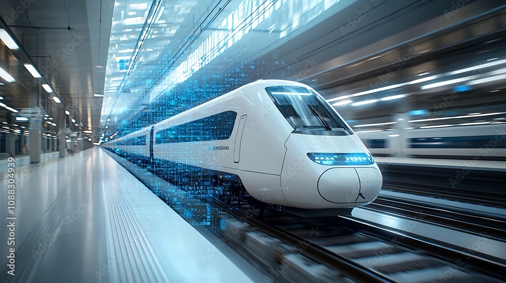 Poster high speed digital bullet train surrounded by vibrant holographic elements symbolizing the speed pre