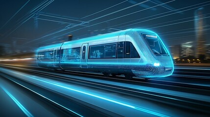 Fototapeta premium Digital artwork showcasing a fast moving train enveloped in vibrant blue neon lights symbolizing the future of transportation and technological advancements in modern urban mobility