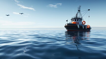 Obraz premium Rescue boat floating on tranquil blue sea with a life buoy attached. Safety,Risk Management,Teamwork,Nature,Environment,Hope,Survival,emergency, response,prepared, standby, alert, positioned
