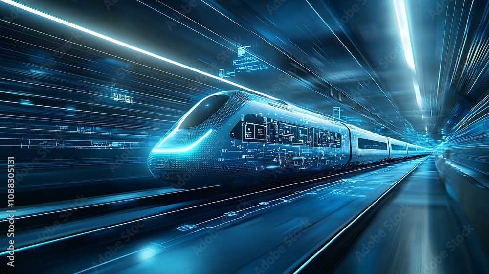 Poster Sleek Blue Futuristic Train Design Moving at High Velocity with Glowing Digital Nodes Representing Progress in Advanced Rail Technology