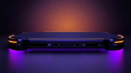 Sleek black handheld gaming device with vibrant purple and orange LED lighting.