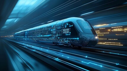 Futuristic blue high speed train design with glowing digital lines and nodes symbolizing the advancement and progress in modern rail transportation technology  The dynamic sleek