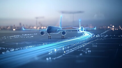 Fototapeta premium Captivating high tech depicting two jet planes soaring through the sky leaving behind mesmerizing blue light trails that capture the essence of speed precision