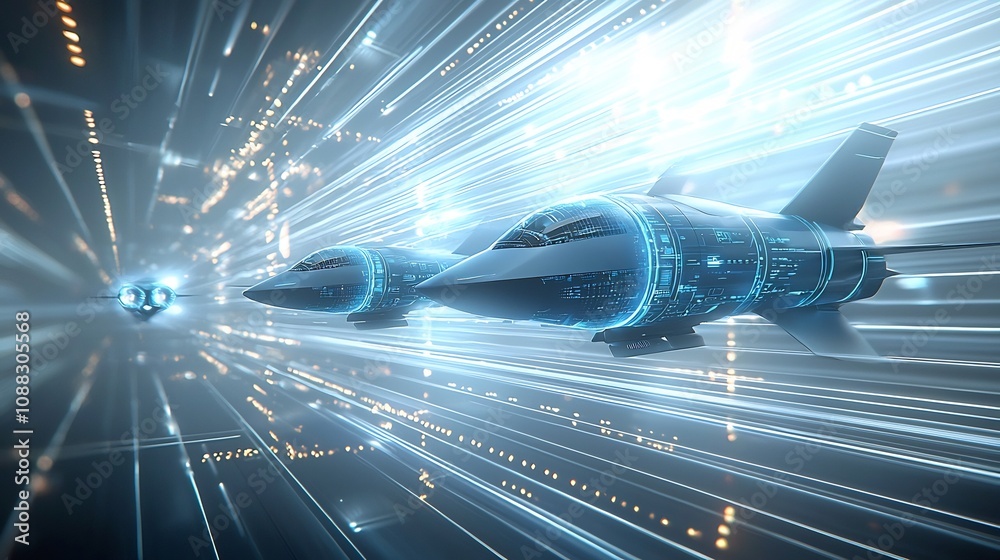 Poster Two sleek and advanced futuristic fighter jets in a glowing blue hue soaring through a dynamic digital background with streaks of light