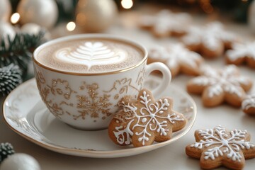 Hot coffee served with Christmas-themed gingerbread cookies on a cozy table