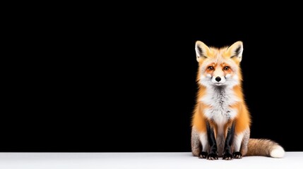Obraz premium red fox sitting in the snow Over black Studio Background. Free Space.