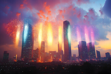 Vibrant fireworks explode over a modern city skyline at dusk.
