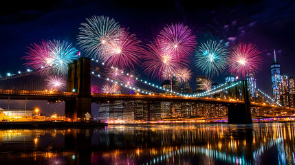 Vibrant fireworks explode over the Brooklyn Bridge and Manhattan skyline at night.
