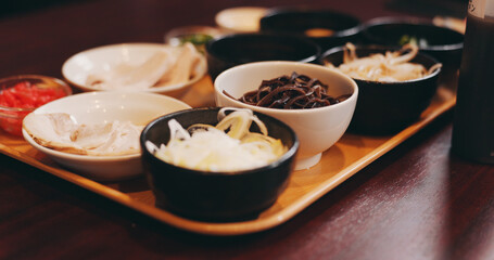 Asian restaurant, ramen and tray of food with noodles, meat and vegetables for dinner, lunch and supper. Culinary, traditional cuisine and bowl for healthy eating, nutrition and gourmet dish in Japan