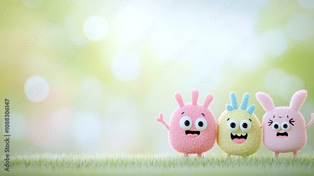 Poster Adorable Cartoon Germs with Happy Expressions Floating in Soft Pastel Colored Bokeh Background  Whimsical Microscopic Organisms