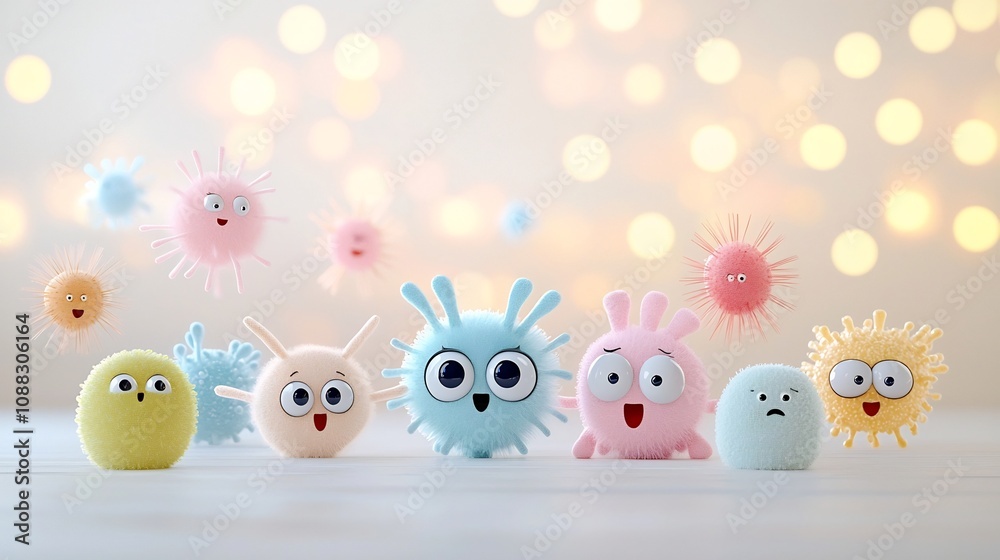 Poster playful cartoon germs with big eyes and joyful expressions surrounded by a dreamy bokeh effect in wa