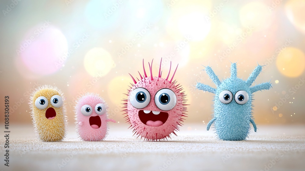 Poster Playful cartoon germs with big eyes and joyful expressions surrounded by a dreamy bokeh effect in warm pastel shades creating a cheerful and whimsical atmosphere