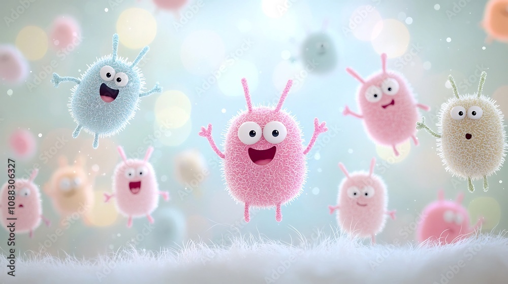 Poster whimsical cartoon germs with endearing expressions floating peacefully in a dreamy pastel colored bo