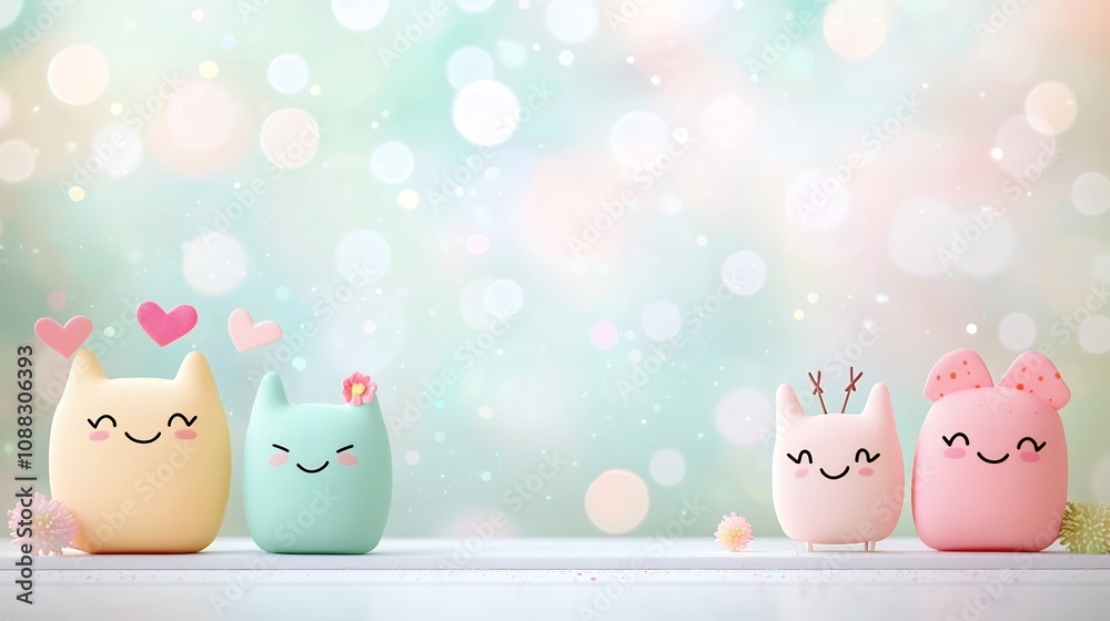 Poster charming cartoon of friendly playful germs and microbes surrounded by a whimsical pastel colored bok
