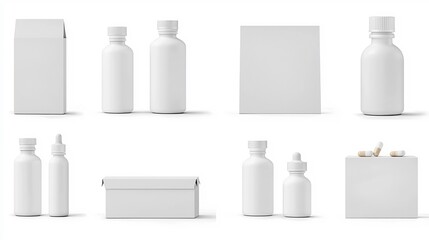 packaging mockup with multiple views of a blank paper box and bottle ideal for health products or supplements displayed in a soft natural light setting
