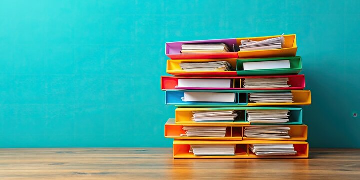Vibrant Office Organization: A Stack of Colorful Folders Against a Bright Turquoise Background for Creative Workspace Inspiration