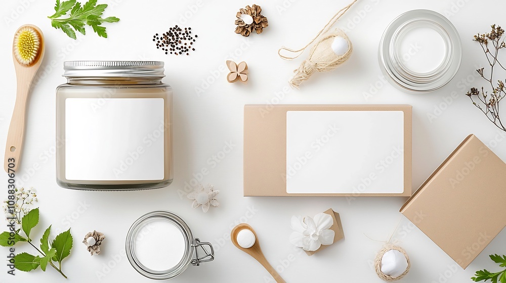 Aufkleber stylish and modern packaging mockup featuring a glass jar and small cardboard box with blank labels 