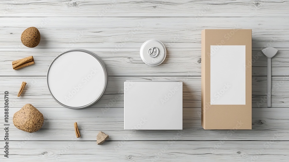 Aufkleber 3D mockup of a round tin can and a rectangular box both with blank surfaces for branding set on a wooden table background  This image can be used for product packaging advertising marketing
