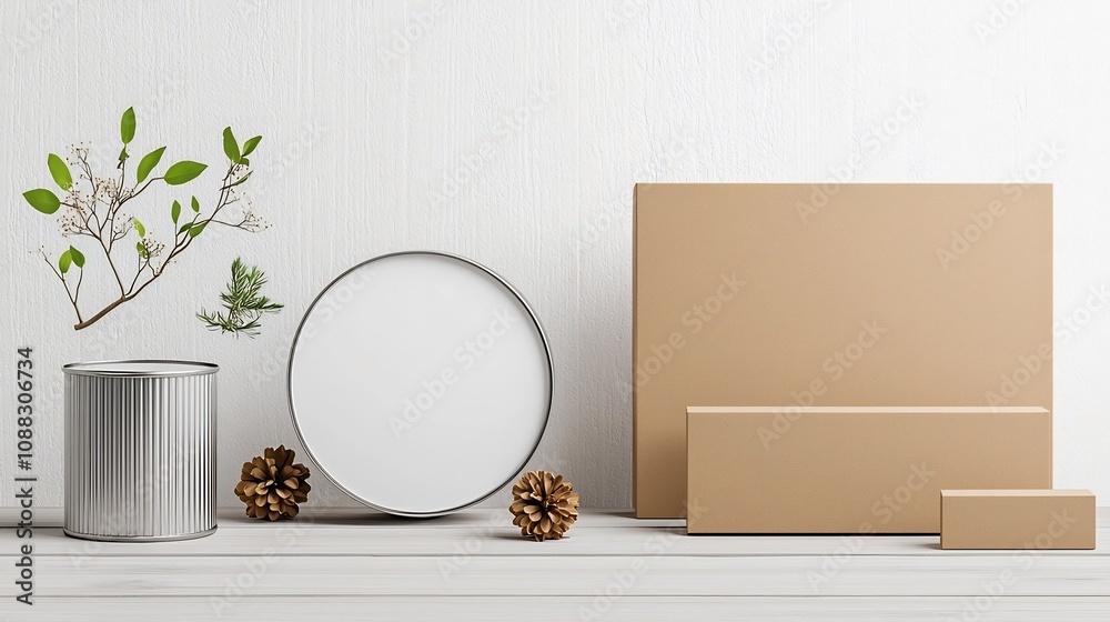 Poster 3D mockup of a round tin can and a rectangular box with blank surfaces set on a wooden table background for branding packaging design and product presentation