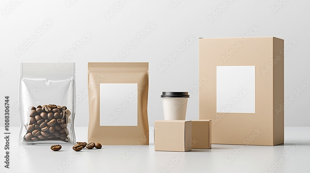 Aufkleber mockup of a blank label on a plastic pouch and a paper box presented in a modern minimalistic style 