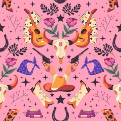 Western Cowboy Pattern Pink Background