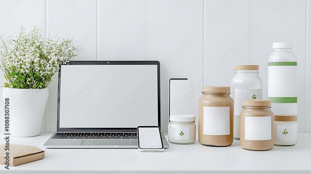 Aufkleber clean and minimalist mockup with a laptop and smartphone displaying blank screens