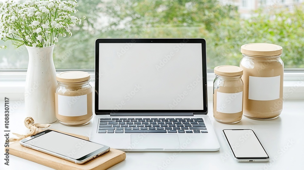 Aufkleber Clean and minimalist mockup featuring a laptop and smartphone displaying blank screens accompanied by a jar and bottle with empty labels   ideal for showcasing packaging design product branding
