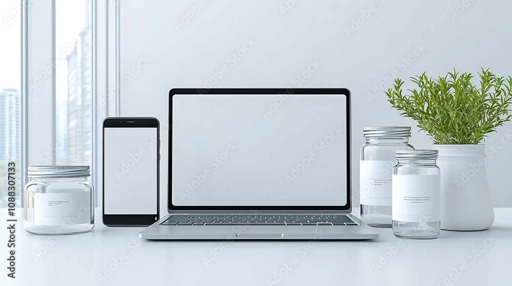 Aufkleber minimalist mockup featuring a laptop and smartphone with blank screens alongside a jar and bottle wi