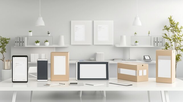 mockup of a smartphone tablet and packaging box with blank labels all arranged on a modern workspace perfect for showcasing both digital and product design