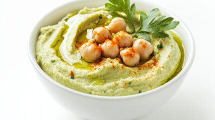 A bowl of creamy avocado hummus topped with chickpeas, olive oil, and paprika