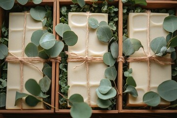 Fototapeta premium Handmade soap bars in a wooden box. This photo is perfect for showcasing natural beauty products.