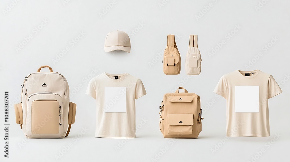 Aufkleber minimal and clean mockup design featuring a set of clothing items including a hat t shirt and backpa