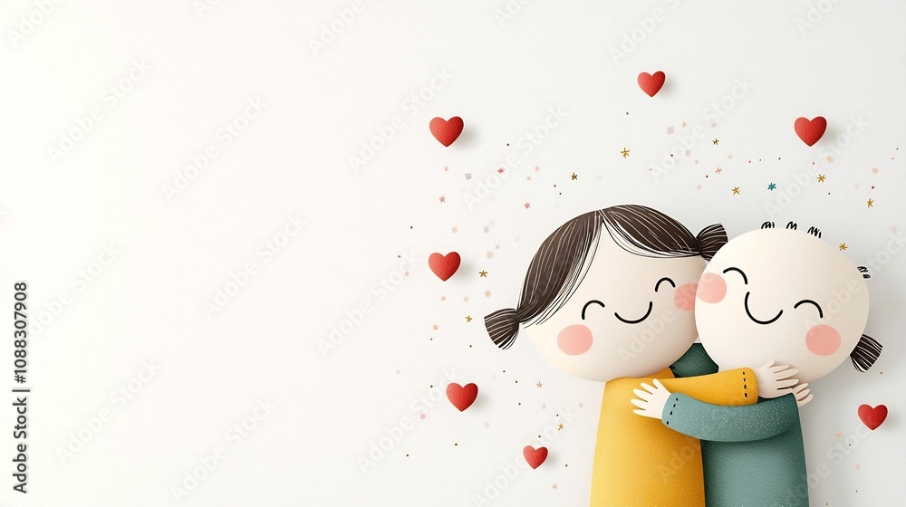 Poster Cheerful cartoon of two smiling characters hugging each other surrounded by small hearts and sparkles to represent happiness connection and affection