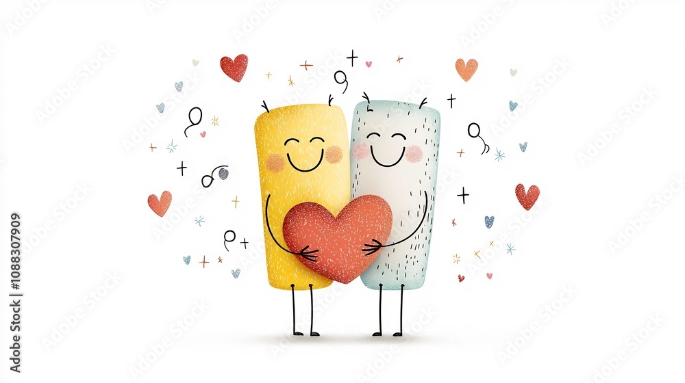Poster Cartoon of two smiling characters hugging each other surrounded by small hearts and sparkles to represent happiness connection and affectionate intimacy