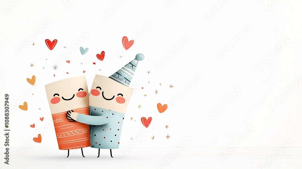 Leinwandbilder cheerful cartoon of two smiling characters embracing each other with hearts and sparkles surrounding