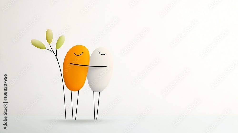 Poster Minimalist depicting an abstract embrace between two figures using soft pastel colors and smooth lines to convey a sense of warmth comfort and emotional connection