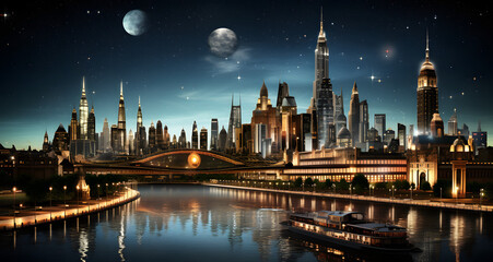 Fototapeta premium a boat traveling down a river next to a city at night