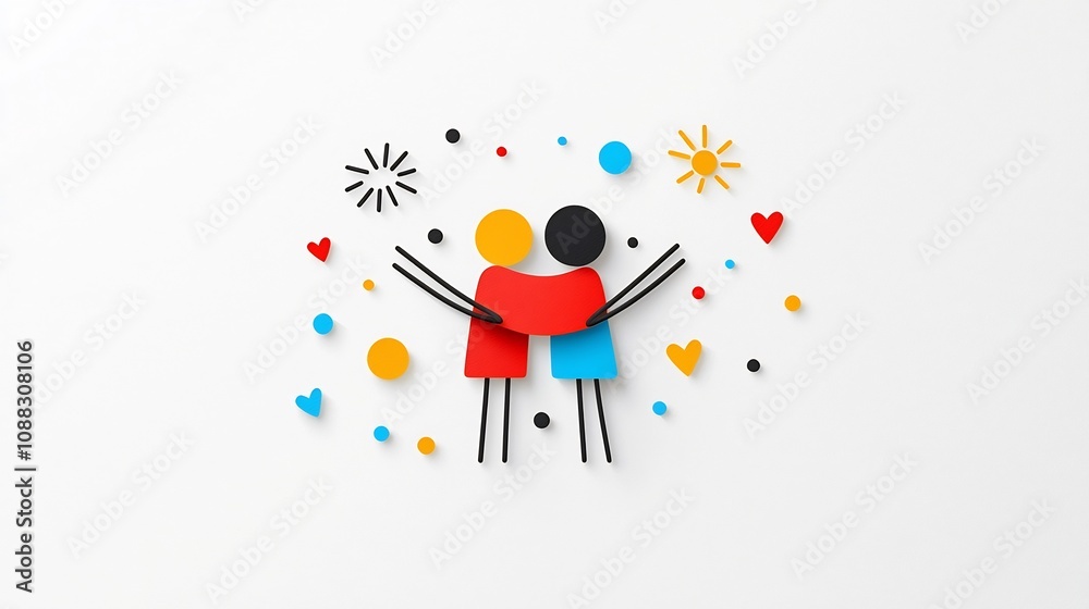 Poster Abstract Geometric of Two Embracing Figures Symbolizing Affectionate Relationship and Unity Through Simplistic Shapes and Contrasting Colors